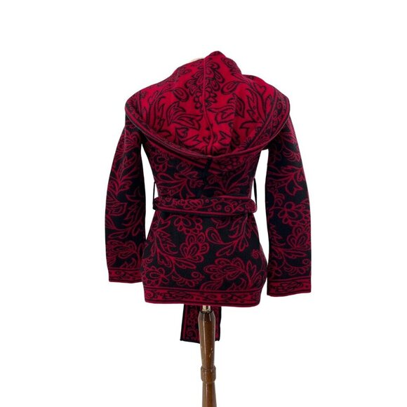 Neve Womens Hooded Knit Sweater Jacket With Belt - Size Small Red & Black Floral - Picture 10 of 11